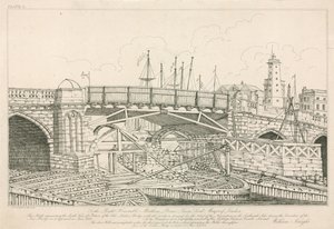 Del av Old London Bridge, tegnet i 1826 under byggearbeid av English School