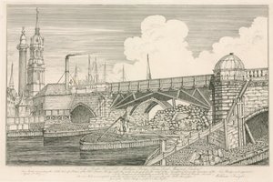 Del av Old London Bridge, tegnet i 1827 under byggearbeid av English School
