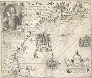 Portrett av kaptein John Smith. Et bilde av kysten av New England, i "A Description of New England: or the Observations ...", av John Smith av English School