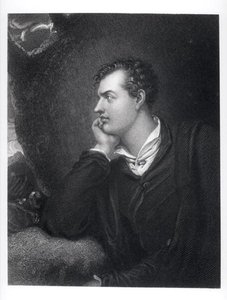 Portrett av George Gordon, 6. Lord Byron av Rochdale (1788-1824) (gravering) (s/hvitt foto) av English School
