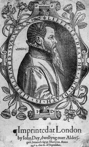 Portrett av John Day, frontispice til Foxes Book of Martyrs, 1564 av English School