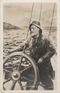 Portrett av kong Edward VII ved roret til HMS Britannia (litho) av English School