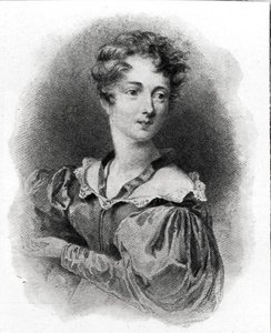 Portrett av Lady Caroline Lamb (f.1785) (litho) (s/hvitt-bilde) av English School
