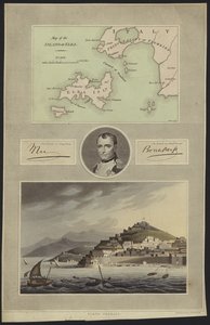 Portrett av Napoleon Bonaparte med kart og utsikt over Elba