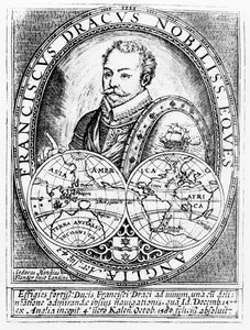 Portrett av Sir Francis Drake (ca. 1540-96) i en alder av 43, gravert av Jodocus Hondius (1567-1611) av English School