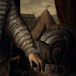 Portrett av Sir Robert Dudley, jarl av Leicester (ca. 1532-88) 1500-tallet (olje på lerret) (detalj) av English School
