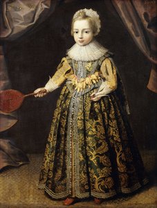 Portrett av en gutt, 3 år, stående i full lengde i en grønn kjole brodert med gull, en blondehette og ruff, holder en Battledore og fjerbolle, 1605 av English School