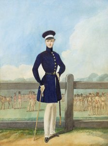 Portrett av en britisk offiser i avkledningsfrakk og fôrhette (penn og svart blekk, wc og kroppsfarge)