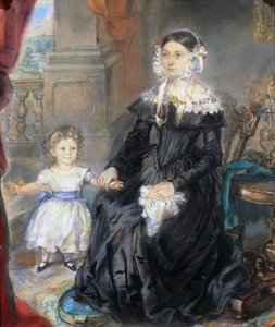 Portrett av en mor og et lite barn i et interiør, ca. 1830 (for par, se 126404)