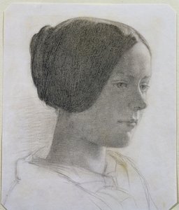 Portrett av en ung kvinne med håret i en bolle, ca. 1840 (farget kritt på papir)