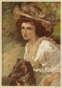 Portrett av en ung kvinne med en hund (farge litho) av English School