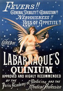 Plakatreklame Labarraques Quinium, medisin med kinin mot feber, generell svikt, utmattelse, nervøsitet, tap av matlyst, 1889