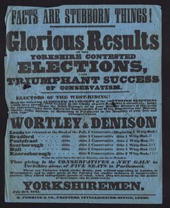 Plakat som feirer seier til konservative kandidater i parlamentsvalget i Yorkshire av English School
