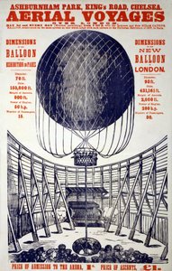 Plakat som promoterer "Aerial Voyages over London", pub . 1867 (fargelitografi) av English School