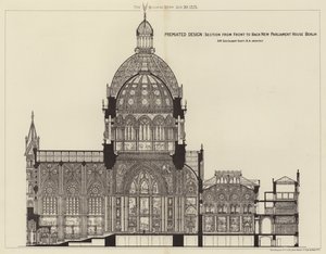 Premiert design, snitt fra forsiden til baksiden New Parliament House Berlin (gravering) av English School