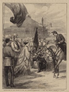 Presentasjon av nye farger til 106. regiment i Parkhurst av HRH den keiserlige prinsesse av Tyskland (gravering) av English School