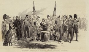 Presentasjon av nye farger til det 43. regiment av den ærede dame Pakenham, i Portsmouth (gravering) av English School