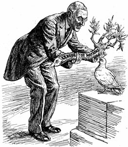 President Wilson gir Fredsduen en olivengren merket «Folkeforbundet», fra «Punch», London, 26. mars 1919 (trykk) av English School