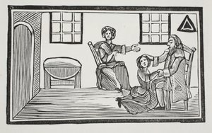 Pretty Bessie mottar farens velsignelse når hun skal søke sitt eget levebrød, illustrasjon fra Chap-books of the Eighteenth Century av John Ashton, pub. 1882 av English School