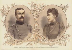 Prins Aribert av Anhalt-Dessau og prinsesse Louise av Schleswig-Holstein (chromolitho) av English School