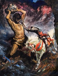 Prins Arthur dreper kjempen, illustrasjon fra «Alvedronningen» (gouache på papir) av English School