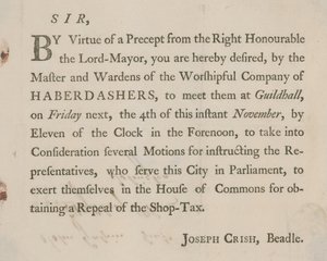 Trykt brev fra Joseph Crish, Beadle of Guildhall, London av English School