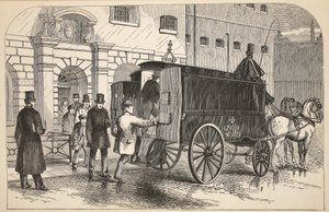 Prison van tar opp fanger i House of Detention, illustrasjon fra The Criminal Prisons of London og Scenes from Prison Life av Henry Mayhew og John Binny, pub. 1862 av English School