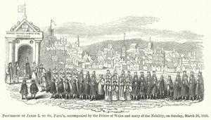 Prosesjon av Jakob I til St. Pauls kirke, ledsaget av prinsen av Wales og mange av adelen … (gravering) av English School