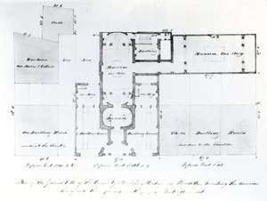 Foreslått planløsning for den egyptiske hallen, Picadilly, 1810 (blekk på papir) av English School