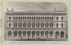 Vorgeschlagenes neues Hauptpostamt, Sydney, New South Wales, Flankenansicht, entworfen von Mr. James Barnet, Architekt (Gravur)