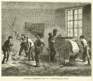Prøyssere som tresker mais i et fransk skolerom, september 1870 av English School