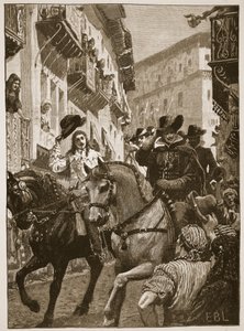 Offentlig mottakelse av prins Charles i Madrid, illustrasjon fra Cassell Illustrated History of England (sepiafoto) av English School