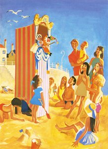 Punch og Judy viser på stranden av English School