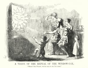 Punch tegneserie: A Vision of the Repeal of the Window Tax (gravering) av English School