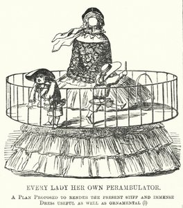 Punch tegneserie: Every Lady Her Own Perambulator - moten for bøyleskjørt for kvinner (gravering) av English School