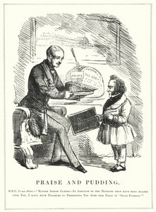 Punch tegneserie: Praise and Pudding: Prins Albert belønner Joseph Paxton for å ha designet Crystal Palace for å huse den vellykkede store utstillingen fra 1851 i Hyde Park, London (gravering) av English School