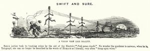 Punch tegneserie: Swift and Sure - bruken av elektrisk telegrafi for å spore kriminalitet (gravering) av English School