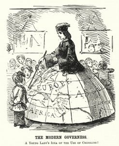 Punch tegneserie: The Modern Governess - et bredt bøyleskjørt som fungerer som et geografiundervisningshjelpemiddel (gravering) av English School