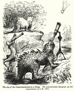 Punch tegneserie: dinosaurer ser på en komet (gravering) av English School