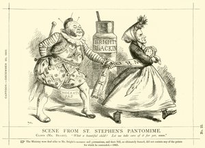 Punch tegneserie om John Bright: Scene From St Stephen's Pantomime, 30. desember 1865 (gravering) av English School