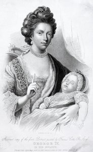 Dronning Charlotte, konsort av kong George III, med deres babysønn, den fremtidige prinsregenten og kong George IV av English School