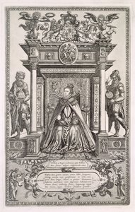 Dronning Elizabeth I (1533-1603) som beskytter av geografi og astronomi, frontispice til en bok med saksiske kart over England, 1579 av English School