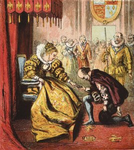 Dronning Elizabeth I og Shakespeare, pub. 1890 (fargegravering) av English School
