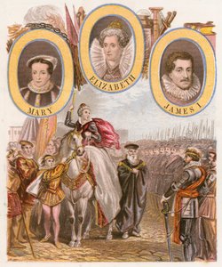 Dronning Elizabeth Is Armada-tale (farget gravering) av English School
