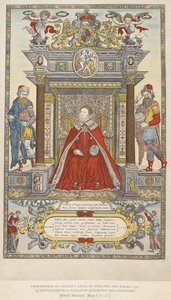 Dronning Elizabeth som beskytter av geografi og astronomi. Frontispice til Saxtons atlas over England Wales fra 1579 (farge litho) av English School