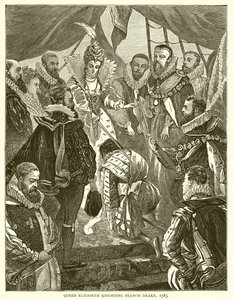 Dronning Elizabeth ridder Francis Drake, 1585 av English School