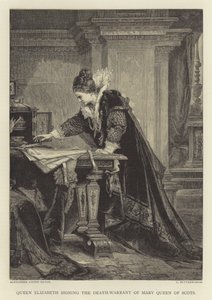 Dronning Elizabeth signerer dødsdommen til Mary Queen of Scots av English School
