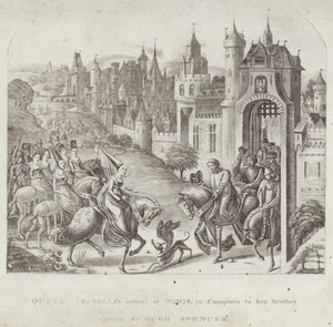 Dronning Isabellas ankommer Paris for å klage til sin bror på Sir Hugh Spencer av English School