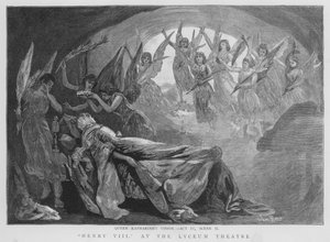 Dronning Katherines visjon, scene fra en produksjon av Shakespeares Henry VIII på Lyceum Theatre, London (litho) av English School