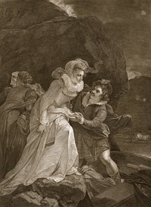 Queen Mary rømmer fra Loch Leven Castle, illustrasjon fra David Humes The History of England, pub. av R. Bowyer, London, 1812 av English School